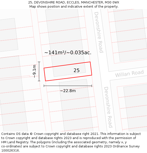 25, DEVONSHIRE ROAD, ECCLES, MANCHESTER, M30 0WX: Plot and title map