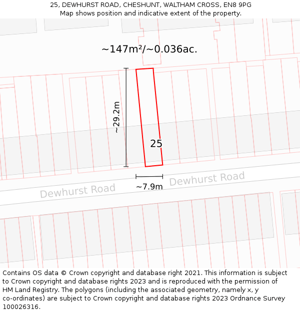 25, DEWHURST ROAD, CHESHUNT, WALTHAM CROSS, EN8 9PG: Plot and title map