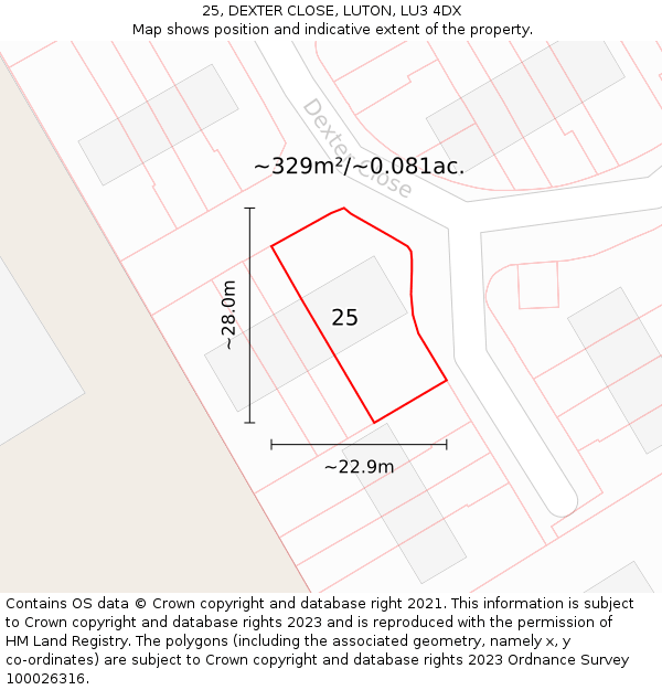 25, DEXTER CLOSE, LUTON, LU3 4DX: Plot and title map