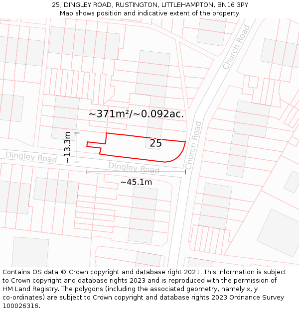 25, DINGLEY ROAD, RUSTINGTON, LITTLEHAMPTON, BN16 3PY: Plot and title map