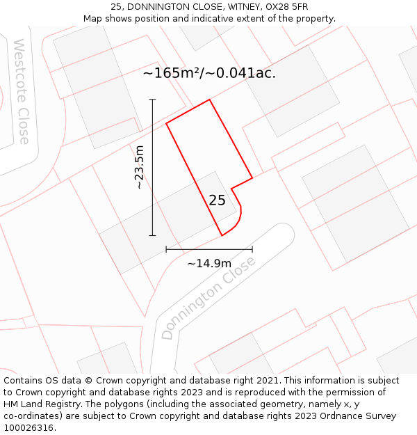 25, DONNINGTON CLOSE, WITNEY, OX28 5FR: Plot and title map