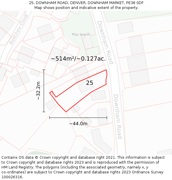 25, DOWNHAM ROAD, DENVER, DOWNHAM MARKET, PE38 0DF: Plot and title map