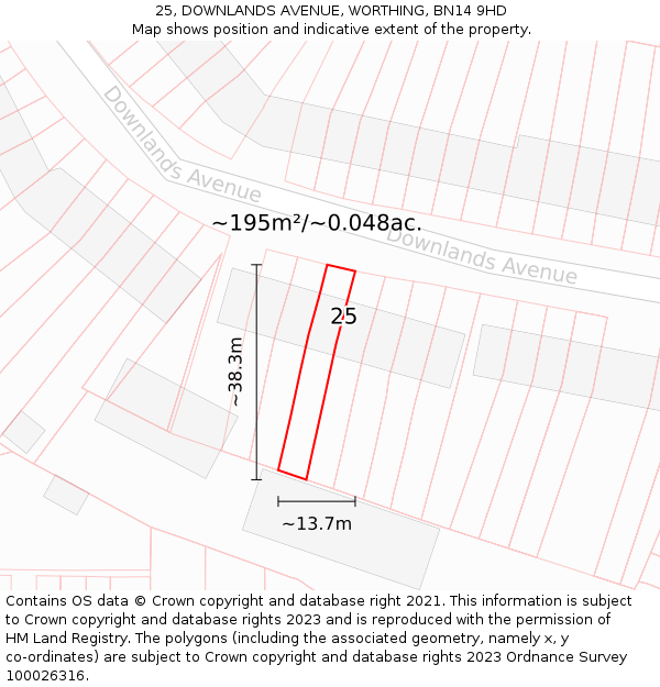 25, DOWNLANDS AVENUE, WORTHING, BN14 9HD: Plot and title map