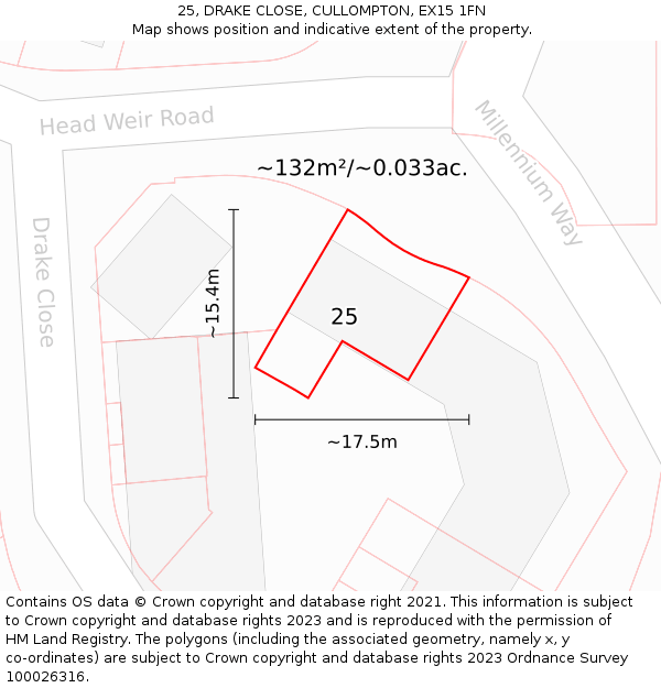 25, DRAKE CLOSE, CULLOMPTON, EX15 1FN: Plot and title map