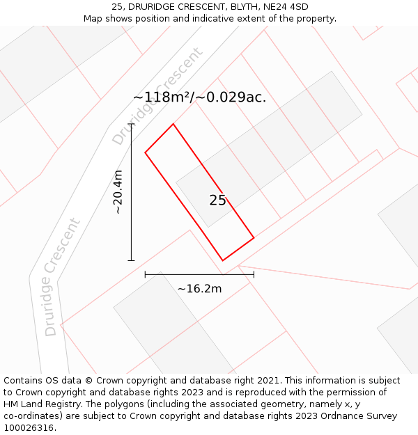 25, DRURIDGE CRESCENT, BLYTH, NE24 4SD: Plot and title map