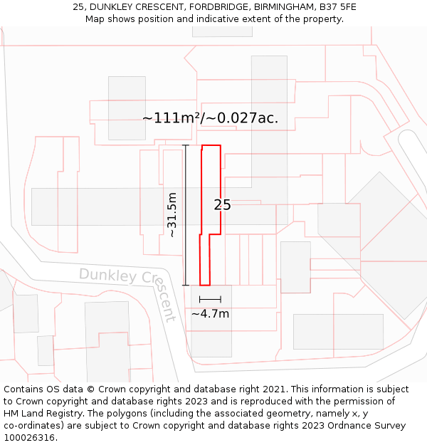 25, DUNKLEY CRESCENT, FORDBRIDGE, BIRMINGHAM, B37 5FE: Plot and title map