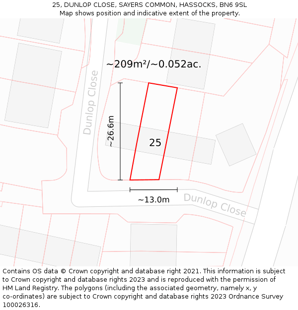 25, DUNLOP CLOSE, SAYERS COMMON, HASSOCKS, BN6 9SL: Plot and title map