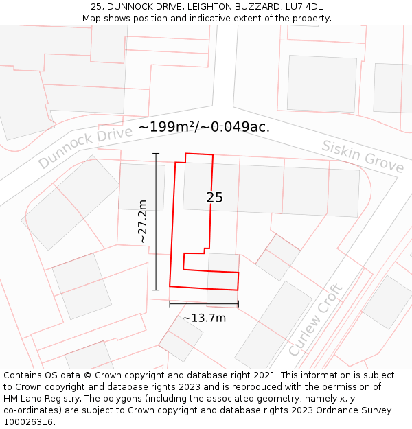 25, DUNNOCK DRIVE, LEIGHTON BUZZARD, LU7 4DL: Plot and title map