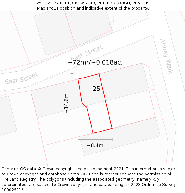 25, EAST STREET, CROWLAND, PETERBOROUGH, PE6 0EN: Plot and title map