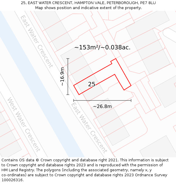 25, EAST WATER CRESCENT, HAMPTON VALE, PETERBOROUGH, PE7 8LU: Plot and title map