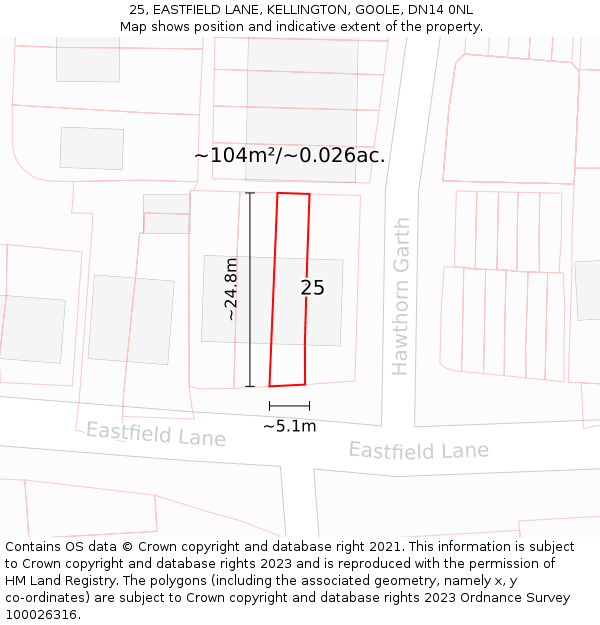 25, EASTFIELD LANE, KELLINGTON, GOOLE, DN14 0NL: Plot and title map
