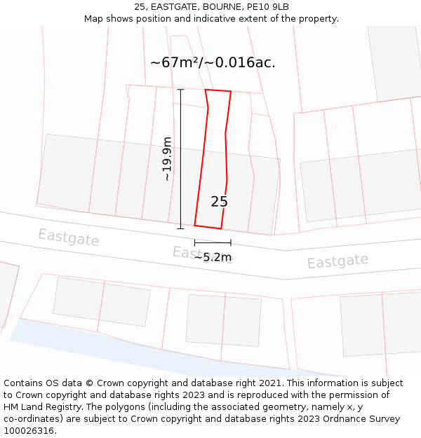 25, EASTGATE, BOURNE, PE10 9LB: Plot and title map