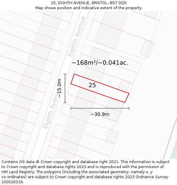25, EIGHTH AVENUE, BRISTOL, BS7 0QS: Plot and title map