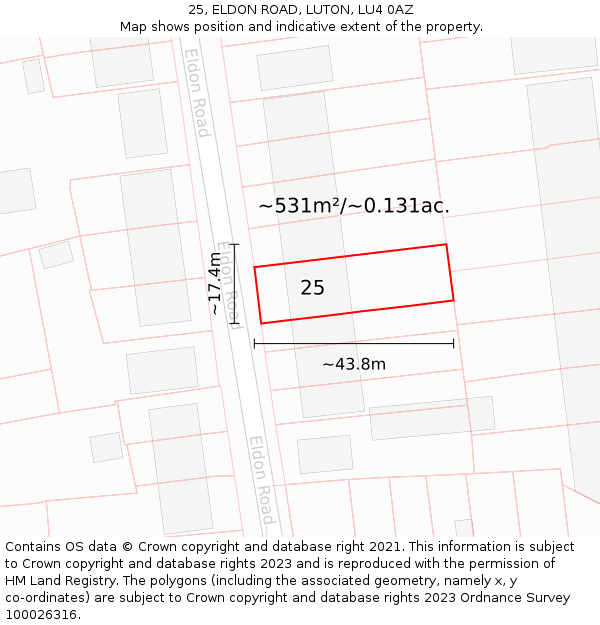 25, ELDON ROAD, LUTON, LU4 0AZ: Plot and title map