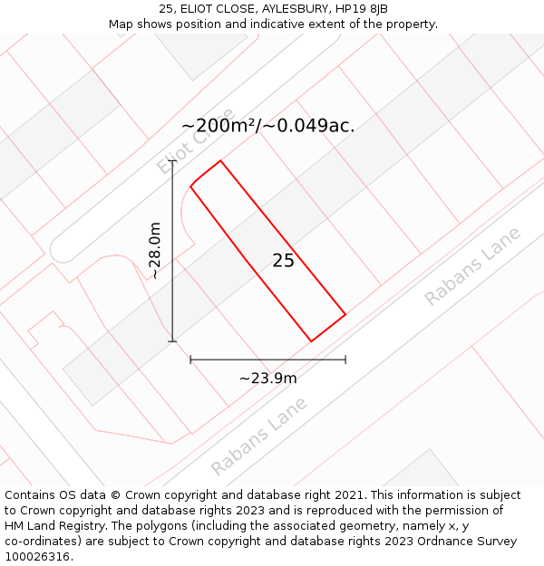 25, ELIOT CLOSE, AYLESBURY, HP19 8JB: Plot and title map