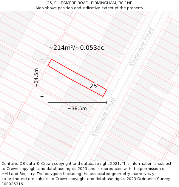25, ELLESMERE ROAD, BIRMINGHAM, B8 1NE: Plot and title map