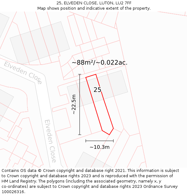 25, ELVEDEN CLOSE, LUTON, LU2 7FF: Plot and title map