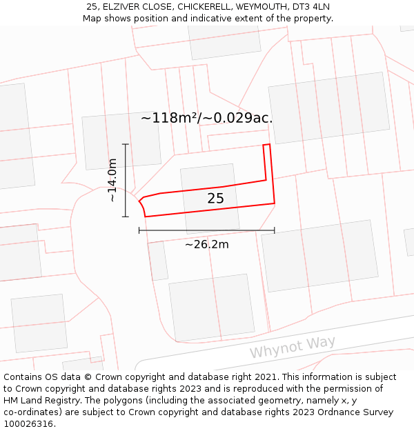 25, ELZIVER CLOSE, CHICKERELL, WEYMOUTH, DT3 4LN: Plot and title map