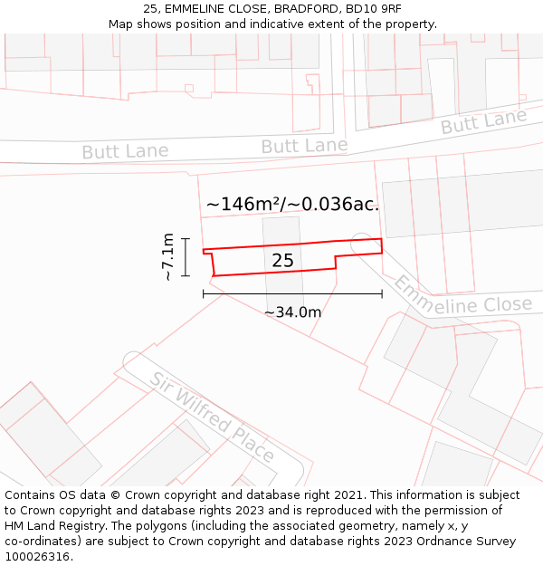25, EMMELINE CLOSE, BRADFORD, BD10 9RF: Plot and title map