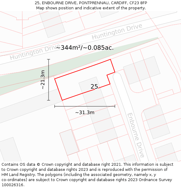 25, ENBOURNE DRIVE, PONTPRENNAU, CARDIFF, CF23 8FP: Plot and title map