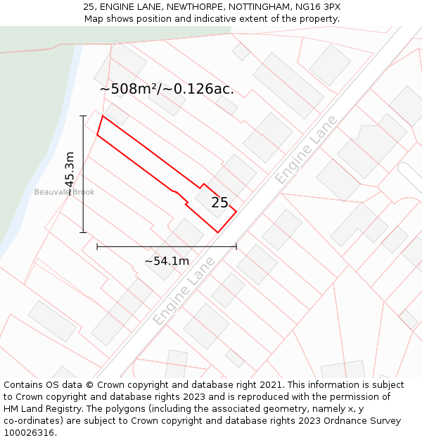 25, ENGINE LANE, NEWTHORPE, NOTTINGHAM, NG16 3PX: Plot and title map