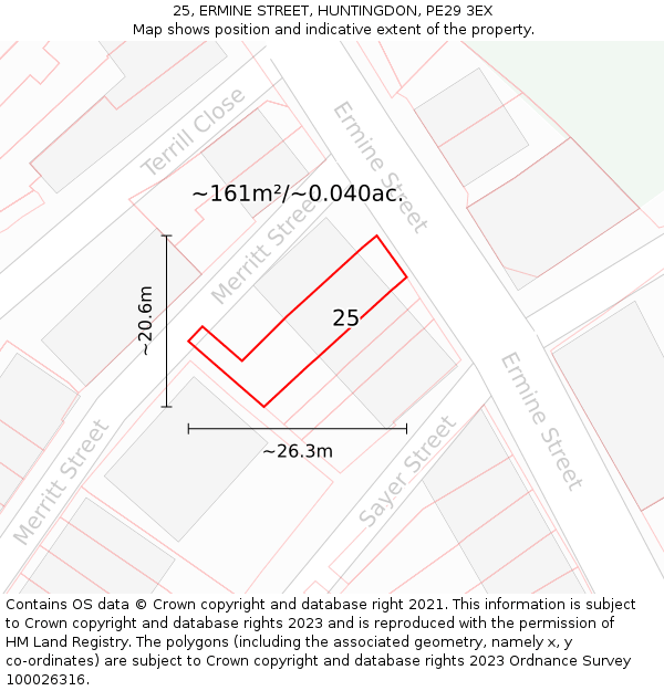 25, ERMINE STREET, HUNTINGDON, PE29 3EX: Plot and title map