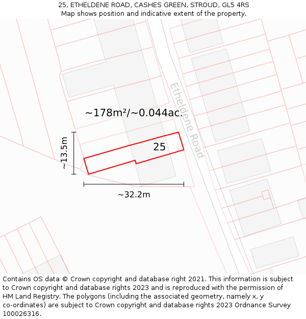 25, ETHELDENE ROAD, CASHES GREEN, STROUD, GL5 4RS: Plot and title map