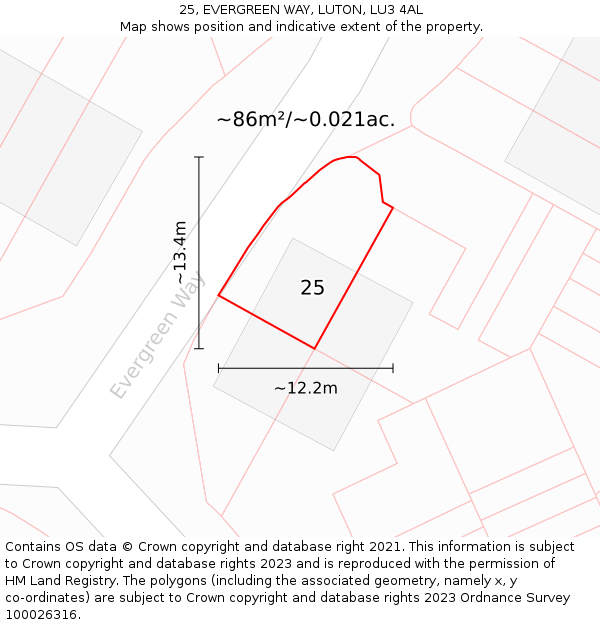 25, EVERGREEN WAY, LUTON, LU3 4AL: Plot and title map