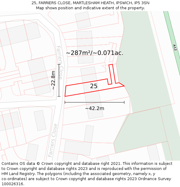 25, FARRIERS CLOSE, MARTLESHAM HEATH, IPSWICH, IP5 3SN: Plot and title map