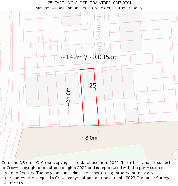 25, FARTHING CLOSE, BRAINTREE, CM7 9DN: Plot and title map