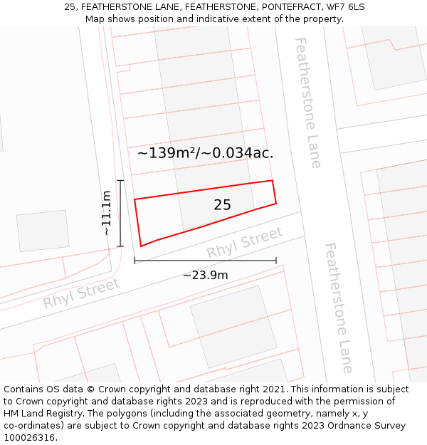 25, FEATHERSTONE LANE, FEATHERSTONE, PONTEFRACT, WF7 6LS: Plot and title map
