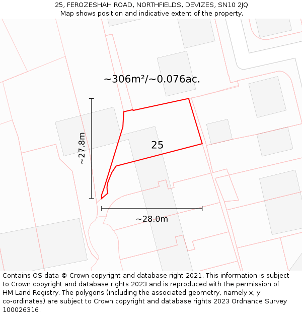 25, FEROZESHAH ROAD, NORTHFIELDS, DEVIZES, SN10 2JQ: Plot and title map