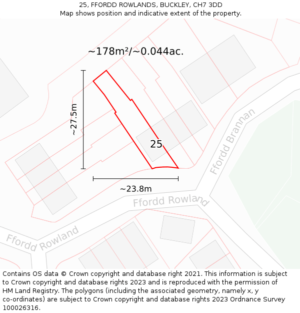 25, FFORDD ROWLANDS, BUCKLEY, CH7 3DD: Plot and title map