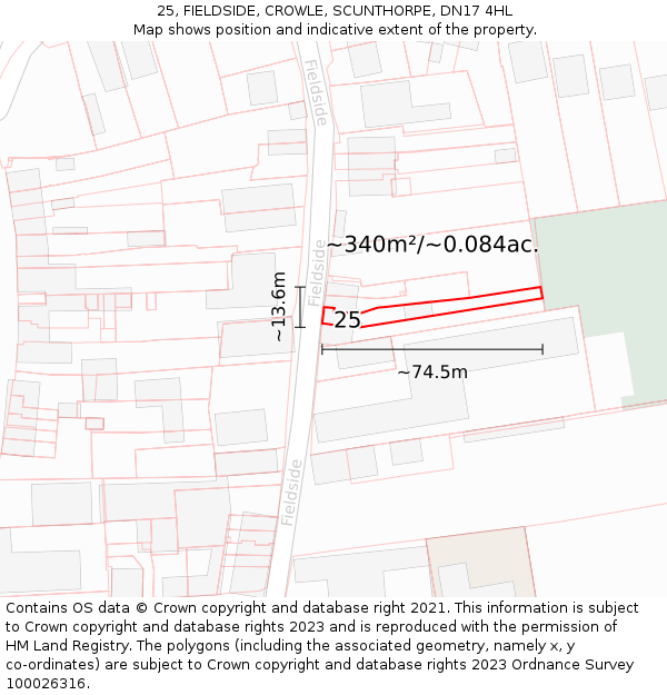 25, FIELDSIDE, CROWLE, SCUNTHORPE, DN17 4HL: Plot and title map