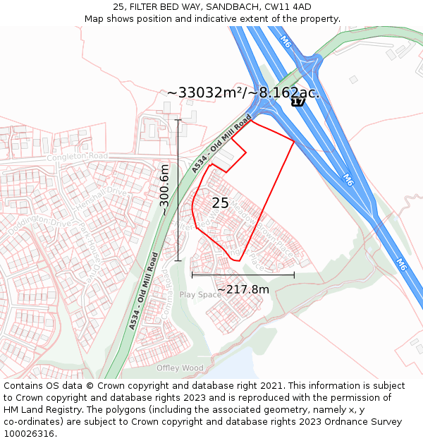 25, FILTER BED WAY, SANDBACH, CW11 4AD: Plot and title map