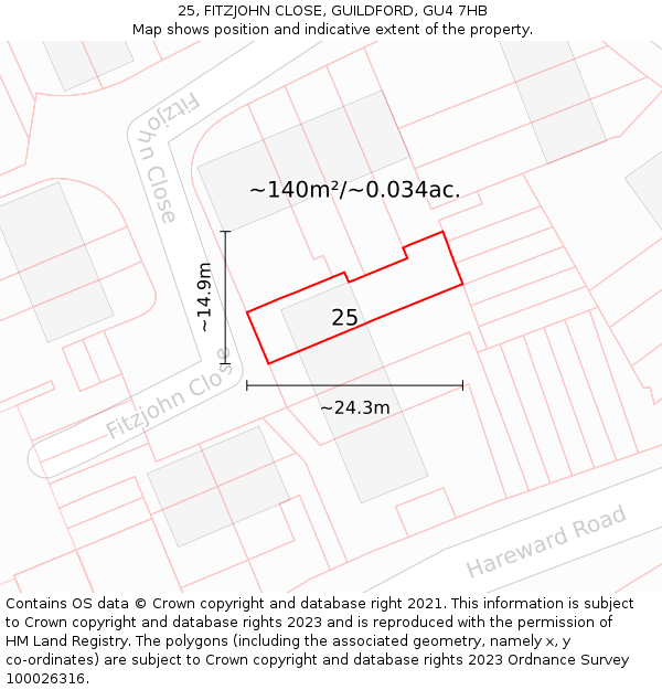 25, FITZJOHN CLOSE, GUILDFORD, GU4 7HB: Plot and title map
