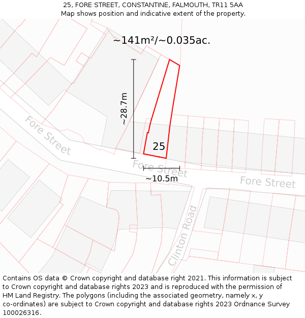 25, FORE STREET, CONSTANTINE, FALMOUTH, TR11 5AA: Plot and title map