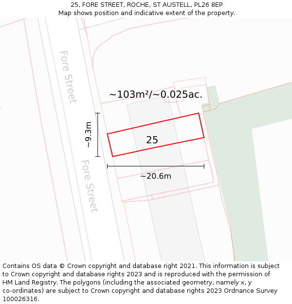 25, FORE STREET, ROCHE, ST AUSTELL, PL26 8EP: Plot and title map