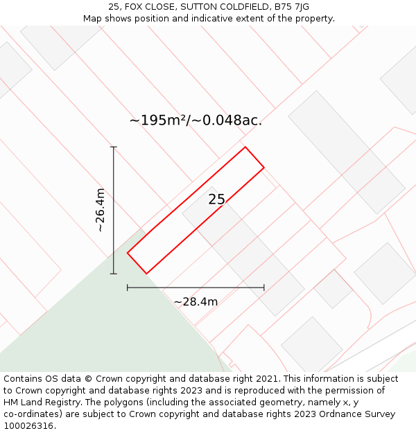 25, FOX CLOSE, SUTTON COLDFIELD, B75 7JG: Plot and title map