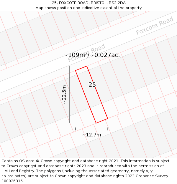 25, FOXCOTE ROAD, BRISTOL, BS3 2DA: Plot and title map