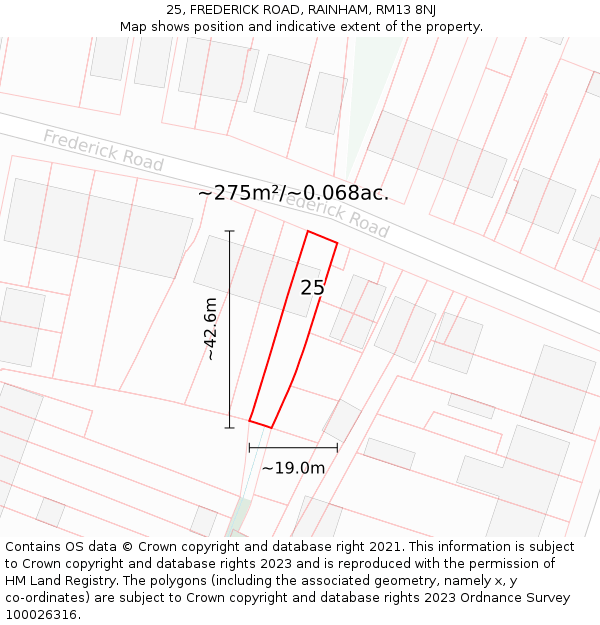 25, FREDERICK ROAD, RAINHAM, RM13 8NJ: Plot and title map