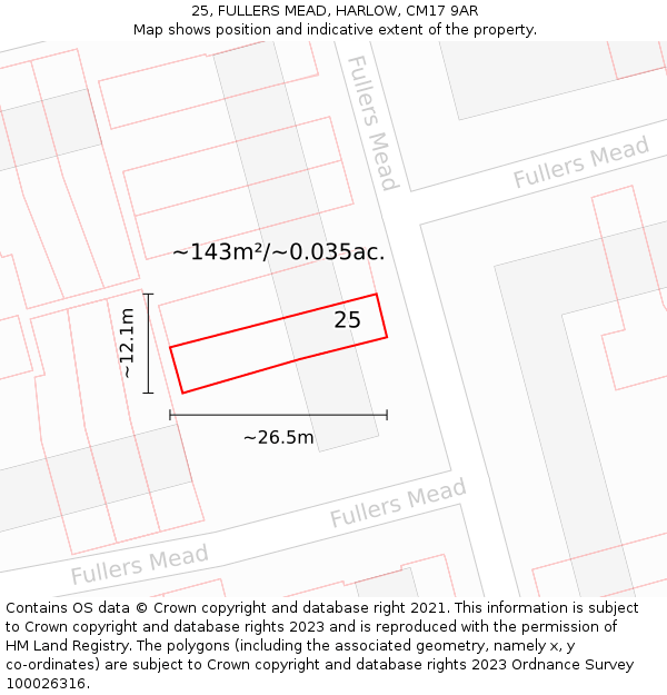 25, FULLERS MEAD, HARLOW, CM17 9AR: Plot and title map