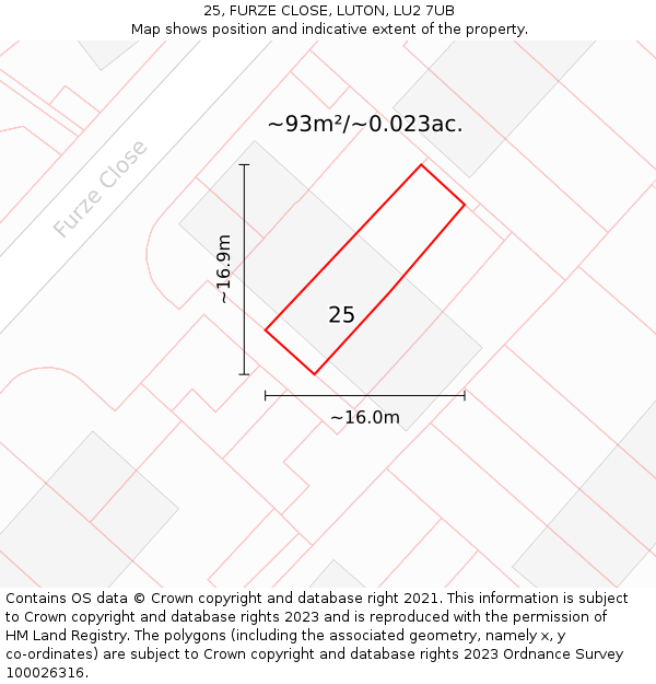 25, FURZE CLOSE, LUTON, LU2 7UB: Plot and title map