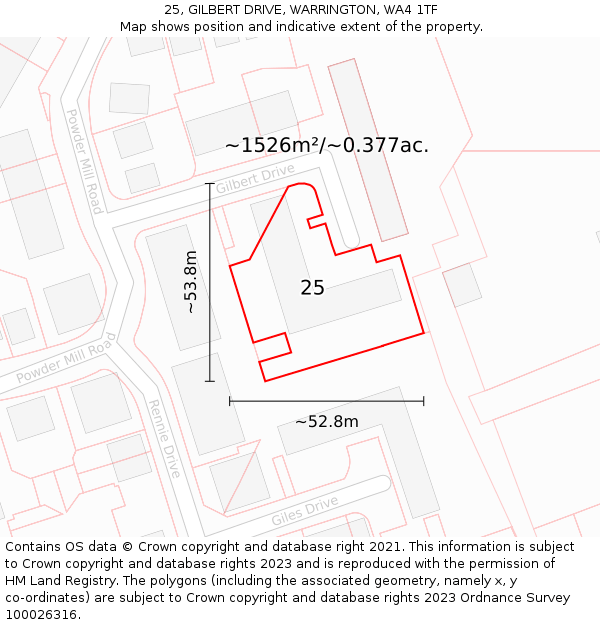25, GILBERT DRIVE, WARRINGTON, WA4 1TF: Plot and title map