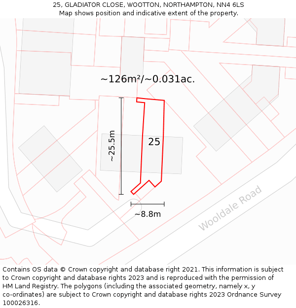 25, GLADIATOR CLOSE, WOOTTON, NORTHAMPTON, NN4 6LS: Plot and title map