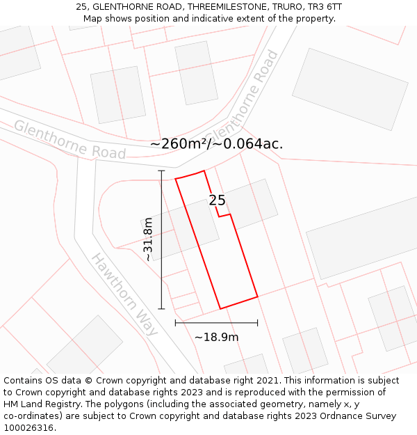 25, GLENTHORNE ROAD, THREEMILESTONE, TRURO, TR3 6TT: Plot and title map