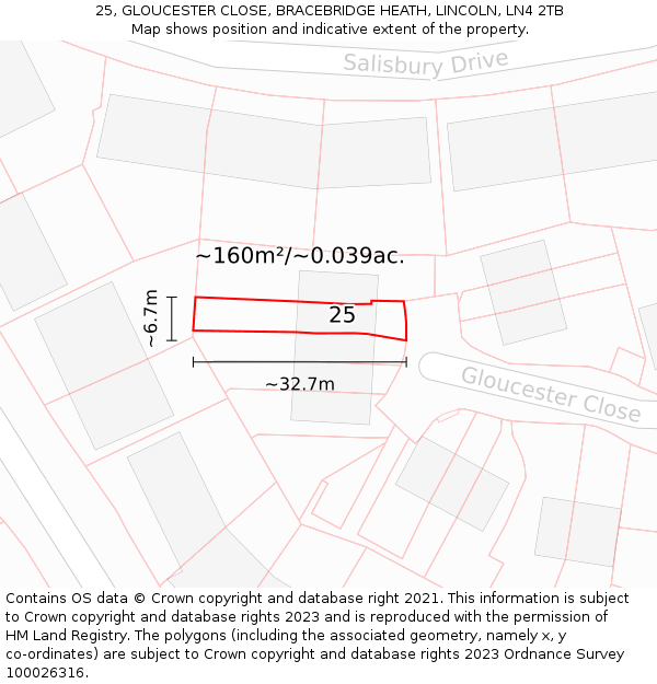 25, GLOUCESTER CLOSE, BRACEBRIDGE HEATH, LINCOLN, LN4 2TB: Plot and title map