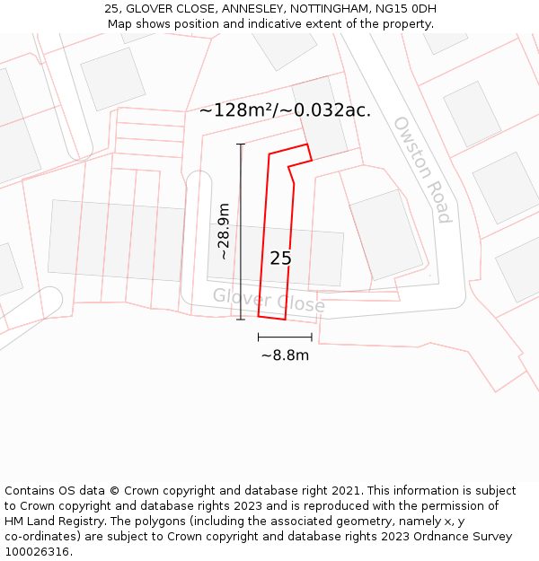 25, GLOVER CLOSE, ANNESLEY, NOTTINGHAM, NG15 0DH: Plot and title map
