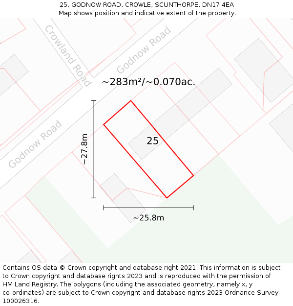 25, GODNOW ROAD, CROWLE, SCUNTHORPE, DN17 4EA: Plot and title map