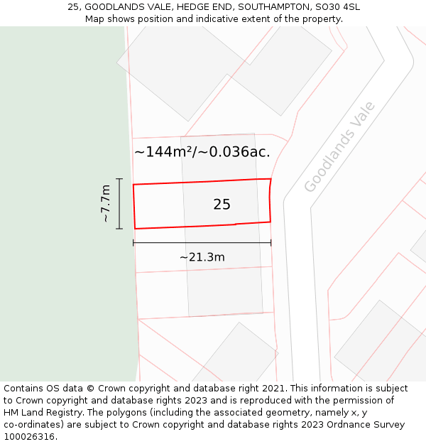 25, GOODLANDS VALE, HEDGE END, SOUTHAMPTON, SO30 4SL: Plot and title map